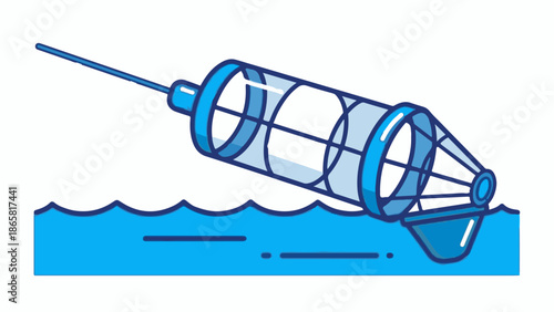 A cylindrical net on a handle dips into blue water for collection