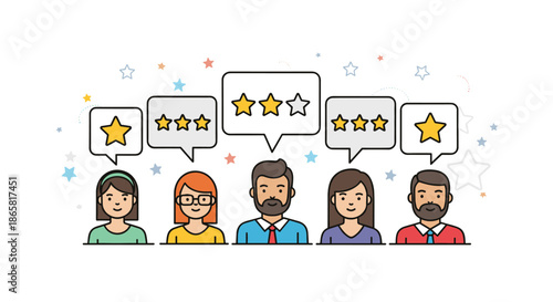 Group of five diverse people avatars have speech bubbles above their heads displaying different star ratings for review.