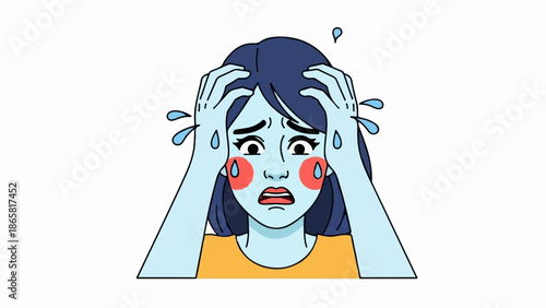 Stressed out cartoon person with blue skin, sweat drops, and red cheeks