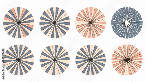 Abstract circular patterns in muted peach, blue, and cream with radiating lines