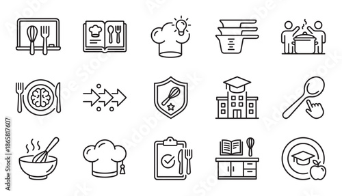 Collection of black line icons representing culinary education, cooking classes, and food preparation concepts like recipes, chef hats, utensils, and healthy eating for students