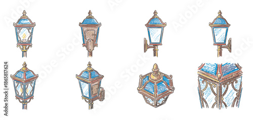 Collection of vintage street lamp illustrations showing various ornate designs and perspectives in a hand-drawn, colorful sketch style for decorative or historical concepts