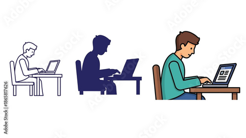 Collection of three distinct graphic styles illustrating a focused man typing diligently on a computer keyboard representing data entry or office work processes