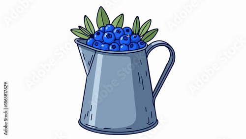 A blue pitcher overflows with ripe blueberries and green leaves