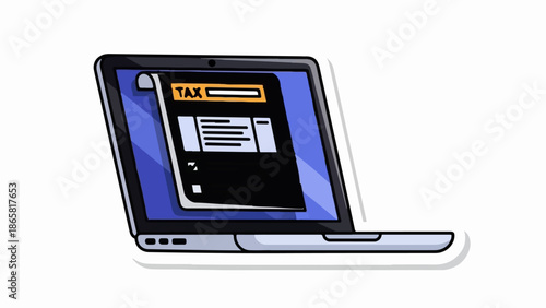 A cartoon laptop displays a tax form on its screen