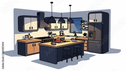 A modern, cartoon-style kitchen scene with dark blue cabinets, a central island, and kitchen appliances