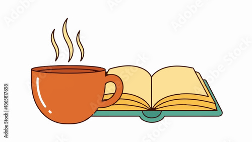Warm beverage and an open book, suggesting a cozy moment of reading