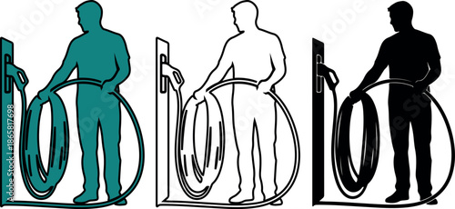 Vector illustration of a man in different colors holding coiled hoses at gas pumps, colorful graphic design elements with man holding hose