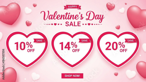 A festive banner advertising a Valentine's Day sale, featuring three large heart shapes displaying discount percentages (10%, 14%, 20% off) against a soft pink, heart-decorated background.