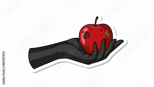 A dark hand offers a bruised red apple