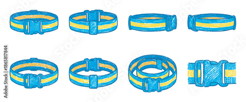 Blue and yellow striped strap illustrations with plastic side release buckles, a collection of eight different views and angles in a hand-drawn, graphic sketch art style