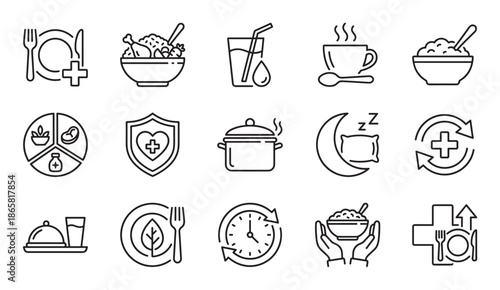 Set of fifteen minimalist black outline icons for health, diet, and wellness, featuring symbols for balanced meals, hydration, sleep, immunity, and medical nutrition care