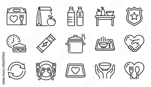Food donation and charity line icon set showing symbols for community kitchen, volunteering, meal sharing, support, and humanitarian aid in a minimalist vector graphic style