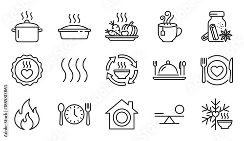 Set of black line art food icons representing cooking, hot meals, comfort food, and temperature concepts like steam, fire, and cold in a simple minimalist vector style