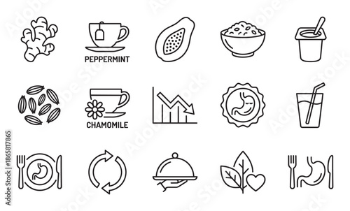 Set of black line icons for digestion and gut health features symbols for ginger, tea, papaya, yogurt, and stomach wellness in a clean, minimalist vector illustration style