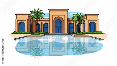 A grand, sandy-colored building with arched windows and palm trees, reflected in a pool of water
