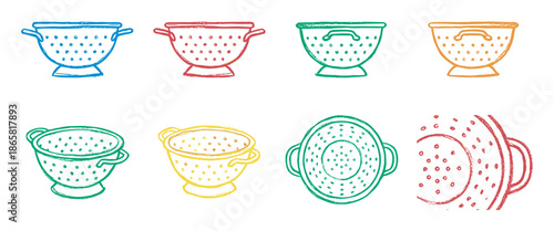 Collection of colorful hand-drawn colander illustrations in a simple graphic style showing different angles and designs for kitchenware and cooking concepts