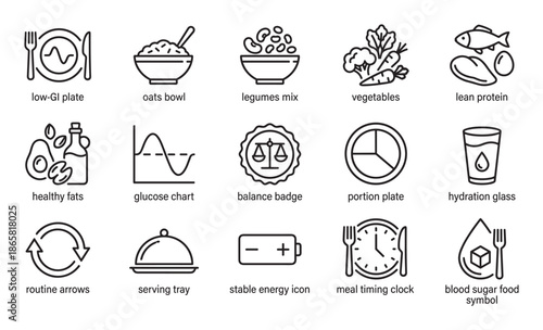 Collection of black line icons for a low glycemic index diet, illustrating principles of blood sugar management, healthy food, portion control, meal timing, and glucose balance