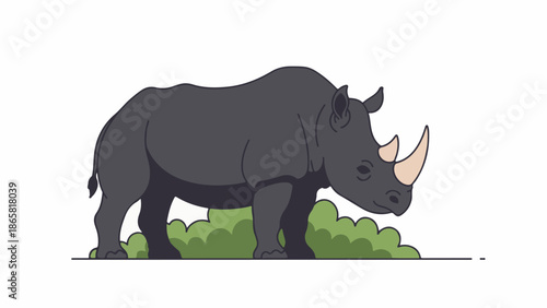 A dark grey rhinoceros stands behind green bushes with a white background