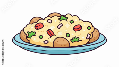 A cartoon illustration of a plate of fluffy rice with vegetables and potatoes