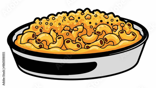 A close-up graphic of a serving bowl filled with cheesy, baked macaroni noodles