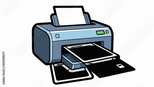 A blue and grey printer with a blank sheet of paper in the input tray and printed sheets in the output tray
