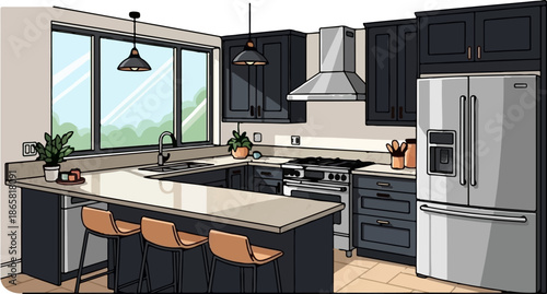A modern kitchen with dark cabinets, a stainless steel refrigerator, a breakfast bar, and a large window overlooking greenery