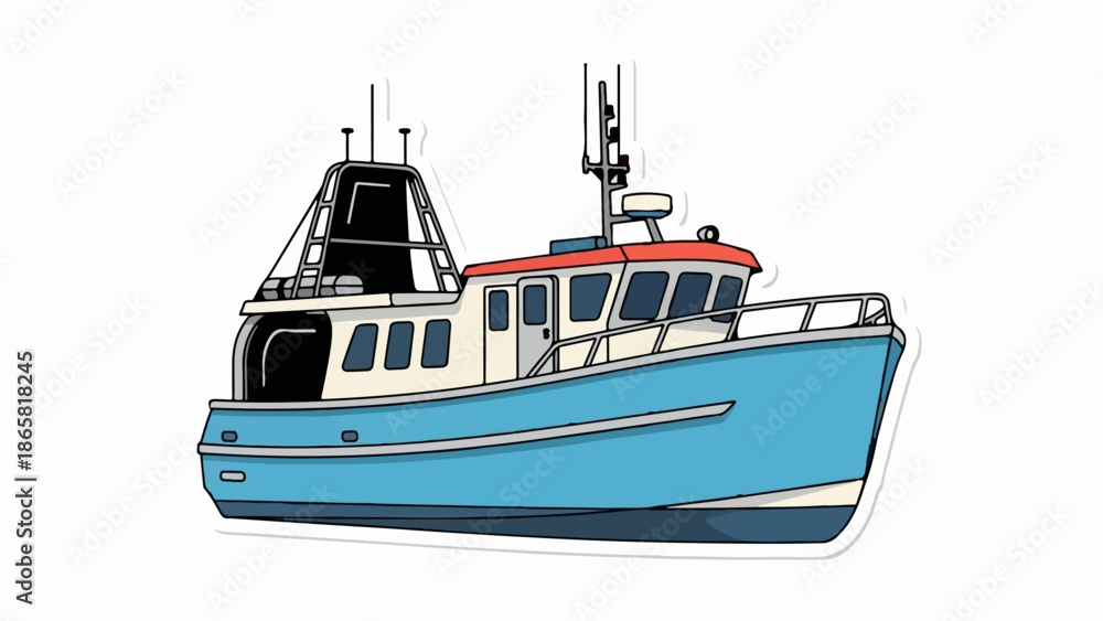 Naklejka premium A blue and white boat with a red roof and antennas on a white background