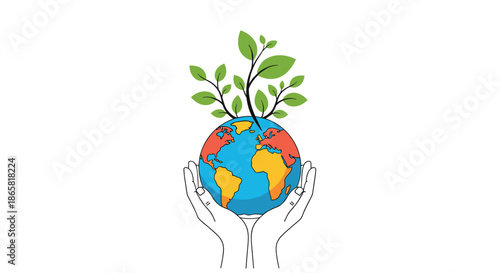 Human hand gently holds the planet earth which is surrounded by lush green trees representing environmental care.