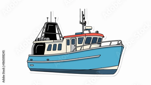 A blue and white boat with a red roof and antennas on a white background