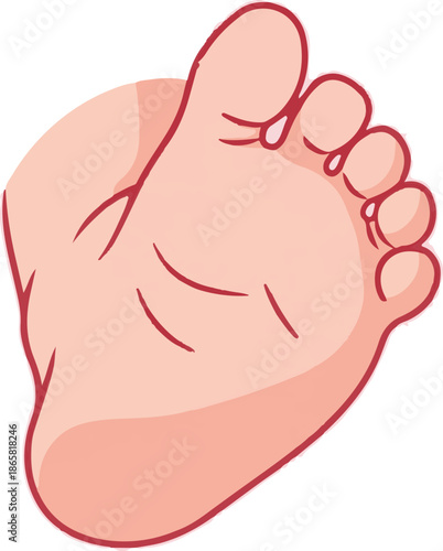 A cartoon illustration of a rosy pink baby foot with red outlines, showing toes and sole