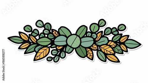A delicate, stylized botanical border with green and yellow leaves
