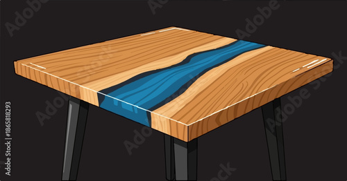 A modern wooden table with a flowing blue resin river design