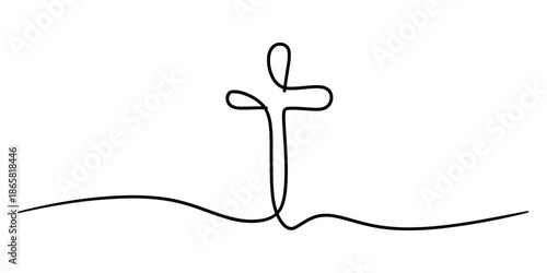 Minimalist continuous line drawing of a simple christian cross symbol on a white background