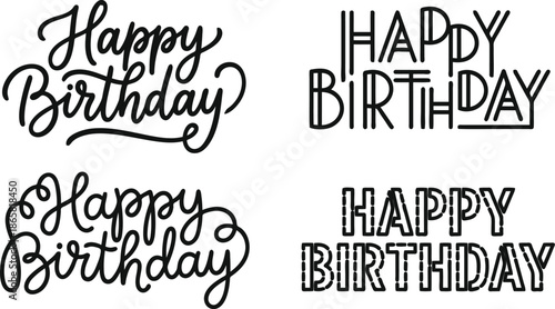 Black Happy Birthday text phrases in various artistic typography styles