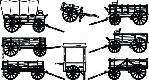 black and white illustrations of various carts and wagons on white background