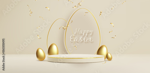 Golden Easter eggs and round podium on beige background. Vector realistic illustration of spring holiday banner design with presentation platform, gold streamer and glass morphism decor, greeting card