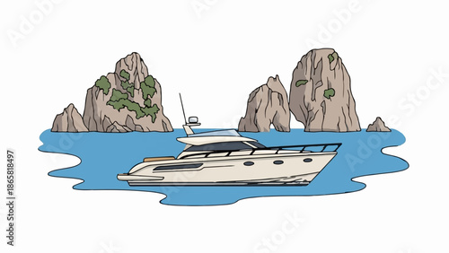 A modern yacht sails on blue water near rocky, vegetated islands under a white sky