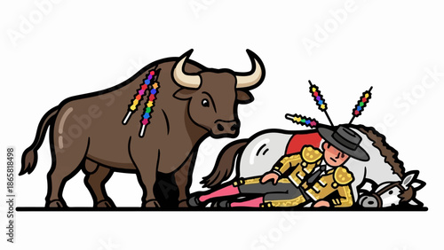 A bull with colorful decorations on its back stands over a fallen matador and horse