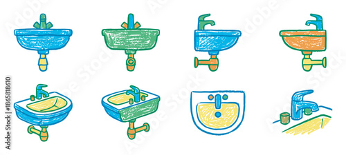 Collection of colorful hand-drawn bathroom sinks with faucets and pipes, depicted in a whimsical, sketchy illustration style with a crayon-like texture and vibrant colors