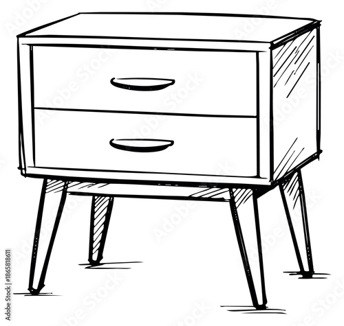 Hand drawn line art illustration of a nightstand depicting two drawers for bedroom furniture