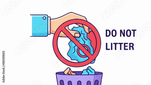 A hand in a blue shirt places crumpled paper into a trash bin, with a red no-litter symbol