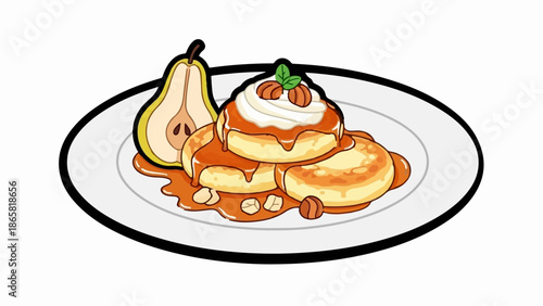 A delicious stack of golden pancakes drizzled with caramel sauce and topped with whipped cream