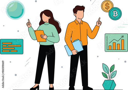 Business team analyzing cryptocurrency, finance growth and digital data illustration of teamwork, investment strategy, financial planning and technology innovation