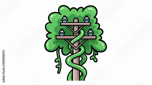 A cartoon illustration of a tree with a telephone pole intertwined with vines