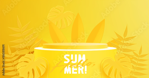 Hello summer banner with round podium and leaves on yellow background. Vector realistic illustration of circular product presentation stage, tropical plants, vacation travel flyer, holiday poster