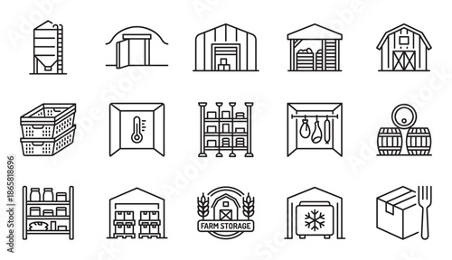 Farm storage and food preservation icon set featuring a barn, silo, warehouse, cellar, and pantry symbols in a clean black and white line art vector illustration style