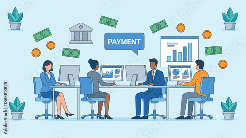 Business team working on online banking payment, financial transactions, analytics and corporate finance management in modern office with computers