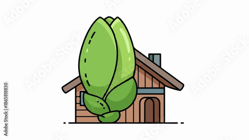 A cartoonish wooden house with a large green leafy plant growing in front