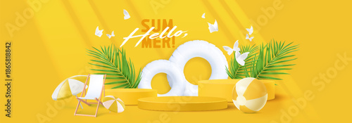 Summer banner with round platform and beach accessories on yellow background. Vector realistic illustration of empty platform for sunscreen product or tour presentation, palm tree leaves, holiday fun